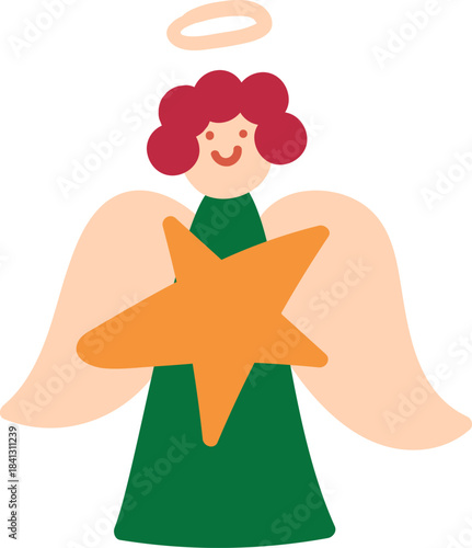 Warm colored hand-drawn cozy Christmas, winter, and New Year holiday symbol. Angel in green tunic and star in hands