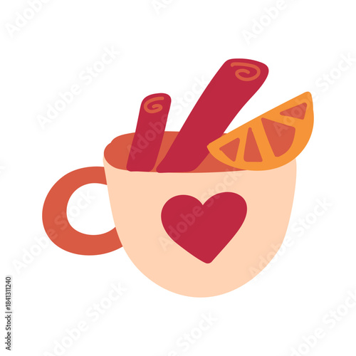 Hand drawn cup of hot citrus tea with cinnamon and orange, element of winter festival decoration. Simple scribble shape freehand vector icon isolated on white background