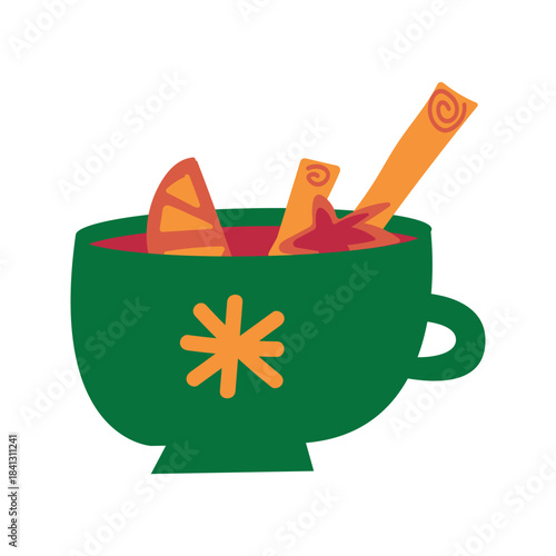 Hand drawn mug of hot tea with cinnamon and spices, element of winter festival decoration. Simple scribble shape freehand vector icon isolated on white background