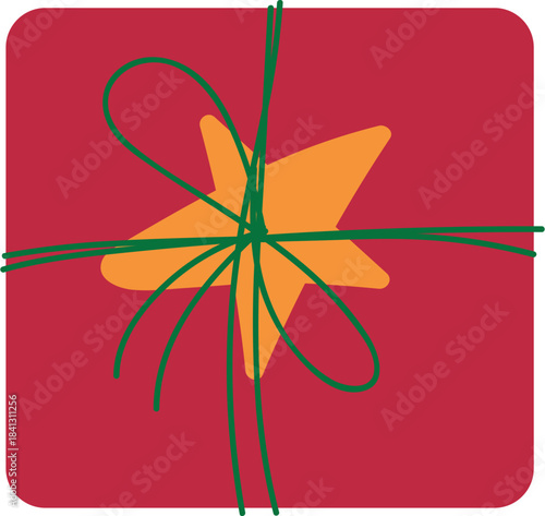 Warm colored hand-drawn cozy Christmas, winter, and New Year holiday symbol. Red gift with gold star