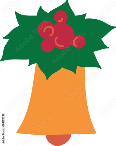 Warm colored hand-drawn cozy Christmas, winter, and New Year holiday symbol. Gold bell with red and green holly