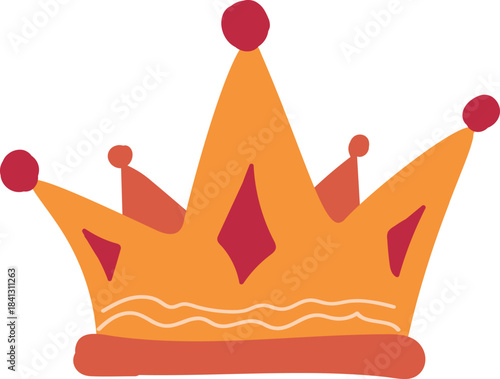 Warm colored hand-drawn cozy Christmas, winter, and New Year holiday symbol. Gold crown with rubi