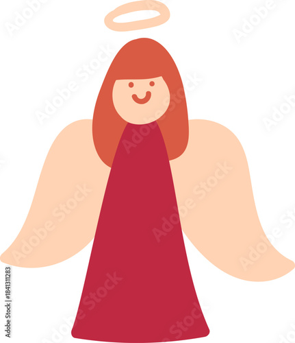Warm colored hand-drawn cozy Christmas, winter, and New Year holiday symbol. Angel in red tunic