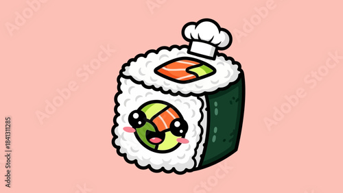 Cute sushi roll cartoon character with chef hat on a pink background.