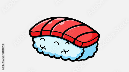 Cartoon sushi with a smiling face, featuring a piece of tuna on top of rice.