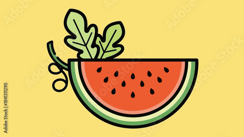 Illustration of a watermelon slice with seeds and leaves on a yellow background.
