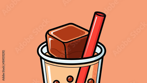 Illustration of a bubble tea drink with a large ice cube and a red straw.
