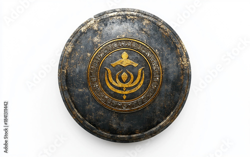 Decorative Sikh Shield with Sacred Khanda Isolated On White Background.