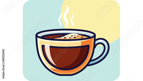 Illustration of a cup of coffee with steam rising, on a pastel background.