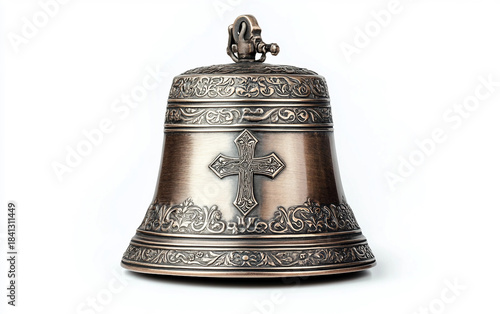 Engraved Silver Bell with Christian Cross Isolated On White Background.