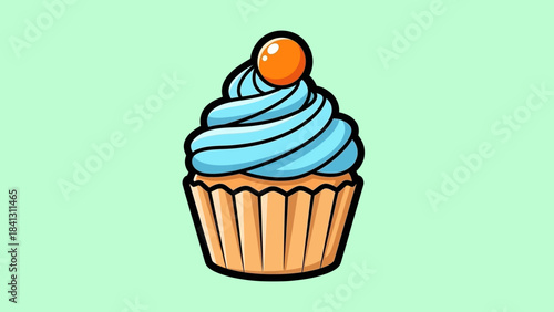 Illustration of a cupcake with blue frosting and an orange topping on a light green background.