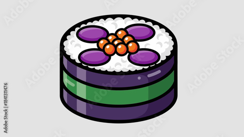Illustration of a sushi roll with purple seaweed, green filling, and toppings of roe and purple vegetables.