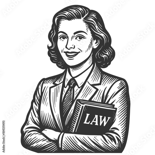 female lawyer in a blazer, holding a law book and smiling professionally sketch engraving generative ai fictional character vector illustration. Scratch board imitation. Black and white image.