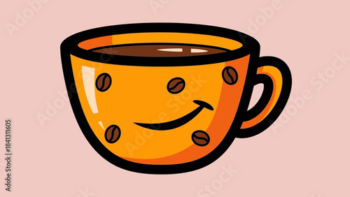 Cartoon illustration of a yellow coffee cup with coffee beans and a smile on a pink background.
