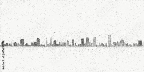 Background with a silhouette of a city in halftone grain, dusty overlay and speckled grit, giving an aged distressed retro urban appearance.