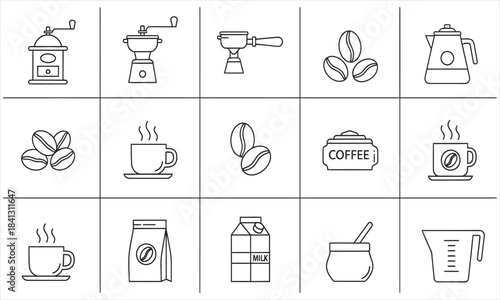 Coffee Brewing Process with Grinder, Beans, Cup, and Milk Illustrations in Minimalist Black Line Style on White Background