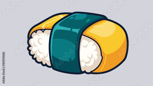 Cartoon illustration of tamago nigiri sushi with rice and nori seaweed.