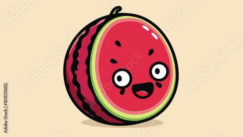 Cartoon watermelon with a surprised expression, featuring red flesh and green rind.
