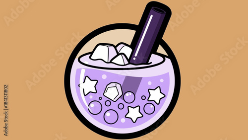 A cartoon illustration of a purple boba tea drink with ice and star shapes.
