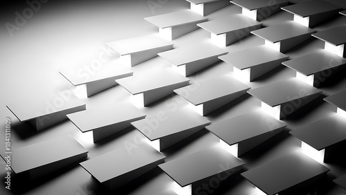 Abstract background featuring a repeating pattern of illuminated white rectangular platforms receding into a bright gradient light source