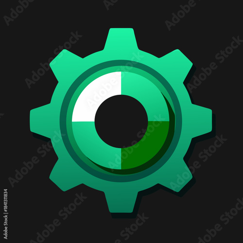 A green gear icon with a segmented inner circle on a dark background