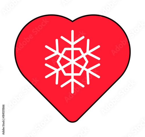 Red heart sticker with snowflake. New Year sticker or gift card in old style of 2000. Cartoon Y2K retro sticker on white background