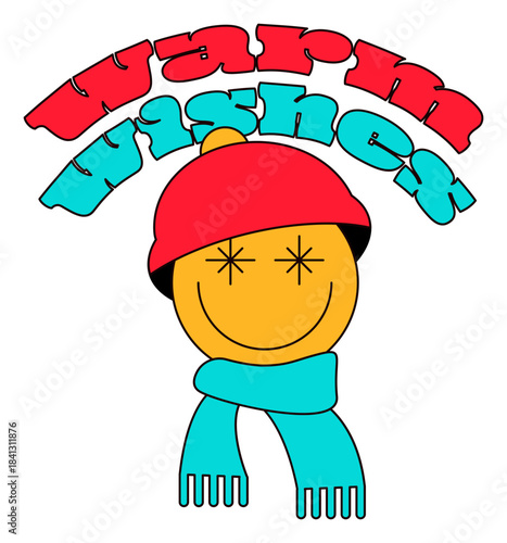 Yellow round smiling emoji with eyes shining with happiness in red hat. New Year sticker or gift card in old style of 2000. Cartoon Y2K retro sticker on white background