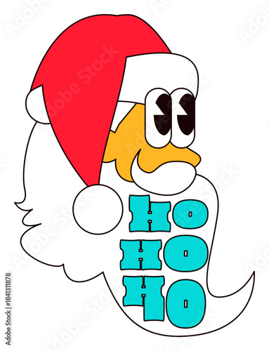 Head Santa With Text Ho Ho Ho. New Year sticker or gift card in old style of 2000. Cartoon Y2K retro sticker on white background