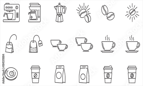 Coffee brewing icons set, barista tools and hot beverage cups, graphic illustration, minimalist style, clean white background, top view, modern design concept