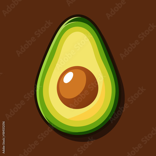 A stylized illustration of a vibrant green and yellow avocado half with its pit resting on a dark brown background