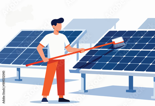A person cleans solar panels with a long-handled brush