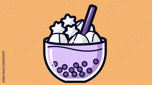 Illustration of a taro bubble tea drink with tapioca pearls and whipped cream in a glass bowl.