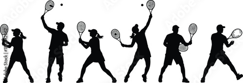 Collection of six dynamic tennis player vector silhouettes, displaying various action poses, overhead serves, and forehand swings, ideal for sports, fitness, and athletic promotion graphics.