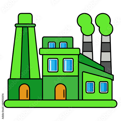 A vibrant green factory building with clean chimneys representing an eco friendly industry