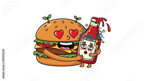 Cute Cartoon Burger Hugging Dizzy Ketchup Bottle with Heart Eyes Vector
