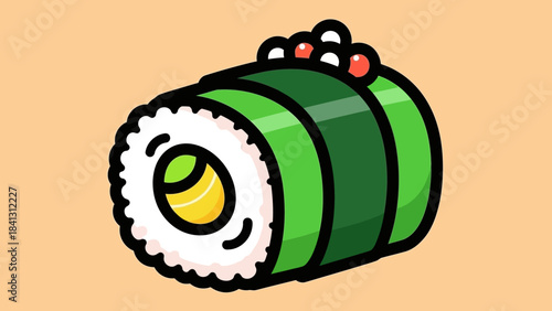 Cartoon sushi roll with green seaweed and orange roe on a beige background.