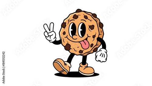 Vintage Cartoon Cookie Character with Chocolate Chips Making Peace Sign