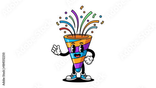Joyful Cartoon Confetti Popper Character Celebrating with Colorful Streamers