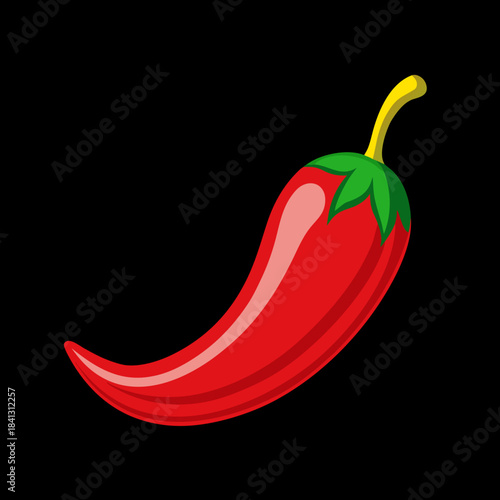 A vivid red chili pepper illustrated in a vector style with a green base and yellow stem against a black background