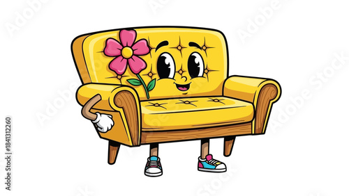 Funny Cartoon Yellow Sofa Character Holding a Pink Flower with Legs and Arms