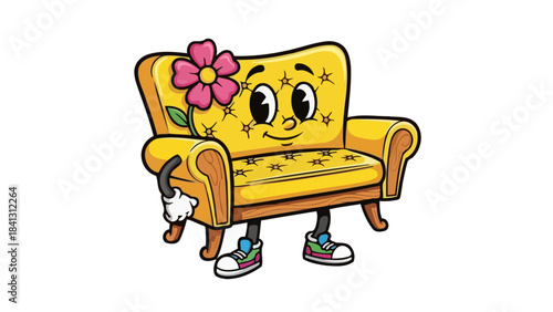 Cute Cartoon Yellow Sofa Character with Pink Flower and Sneakers