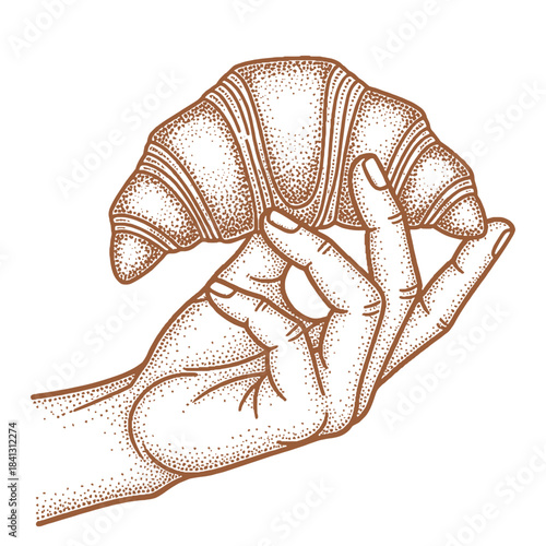 hand holding a freshly baked croissant in retro halftone stipple effect illustration
