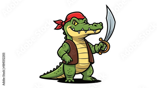 Cartoon Crocodile Pirate with Sword and Bandana, Playful Green Reptile Character Illustration
