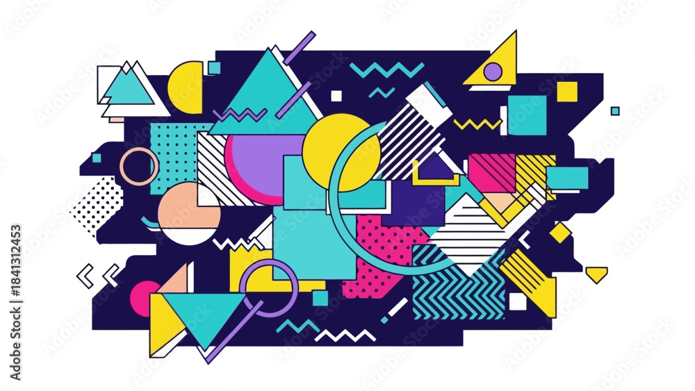 Fototapeta premium Vibrant Geometric Shapes in Memphis Style, Abstract Retro Background Design