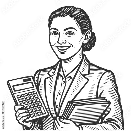 professional woman holding a calculator and documents, representing accounting and finance sketch engraving generative ai fictional character vector illustration. Scratch board. Black and white image.