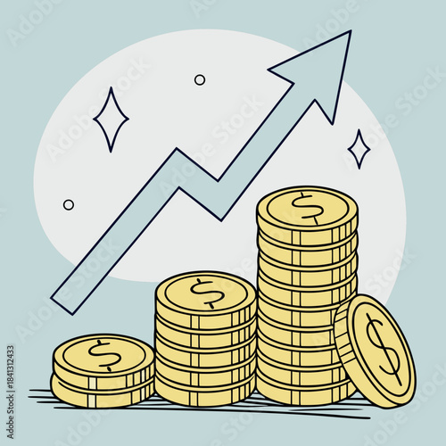 Flat vector illustration showing stacks of gold coins increasing in height with an upward arrow signifying financial growth