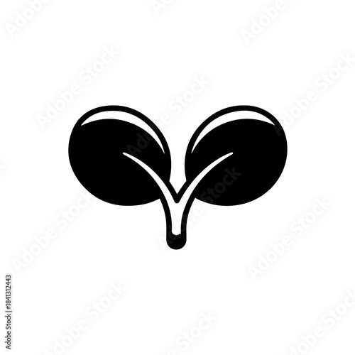 A minimalist black icon of a young plant sprout with two leaves, symbolizing new beginnings, organic growth, and environmental sustainability concepts. isolated on transparent background
