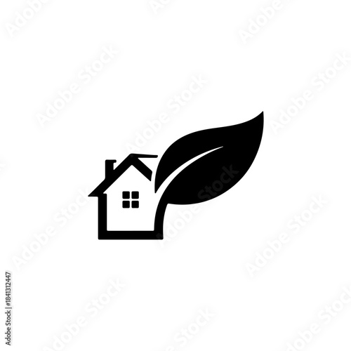 Eco-friendly house and leaf icon representing sustainable living, green energy, environmental protection, and organic architecture. isolated on transparent background