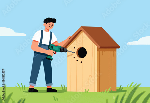 Person constructs a wooden birdhouse in a grassy area with a blue sky