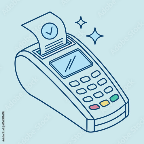 Vector illustration of a credit card payment terminal processing a successful transaction and printing an approved receipt